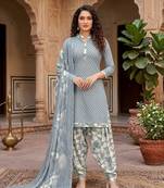 Grey printed cotton blend stitched geometric print salwar kurta dupatta for women