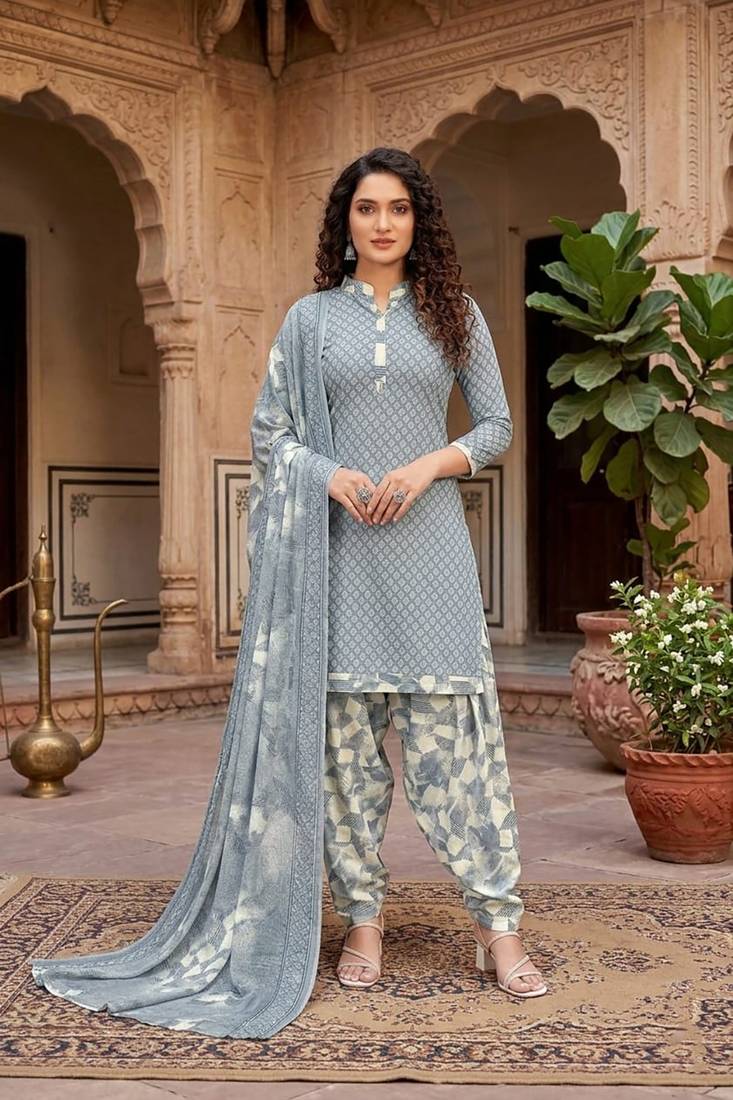 Grey printed cotton blend stitched geometric print salwar kurta dupatta for women