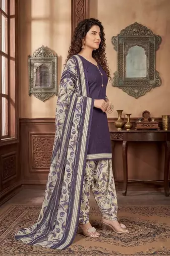 Purple printed cotton blend stitched geometric print salwar kurta dupatta for women
