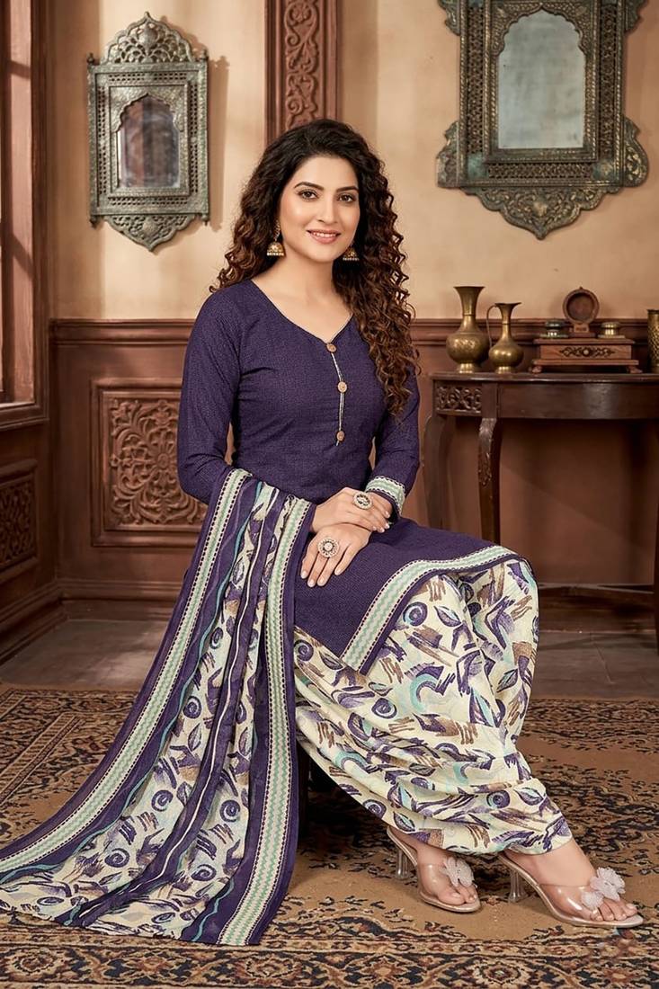 Purple printed cotton blend stitched geometric print salwar kurta dupatta for women