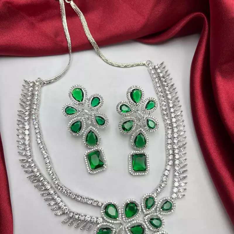 emerald green bridal necklace set silver cubic zirconia choker wedding statement jewelry