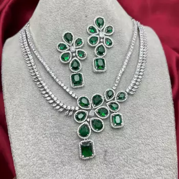 emerald green bridal necklace set silver cubic zirconia choker wedding statement jewelry 3