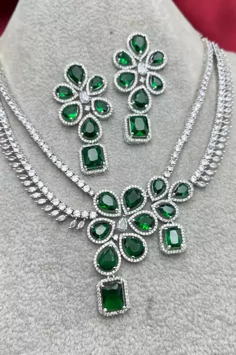 emerald green bridal necklace set silver cubic zirconia choker wedding statement jewelry