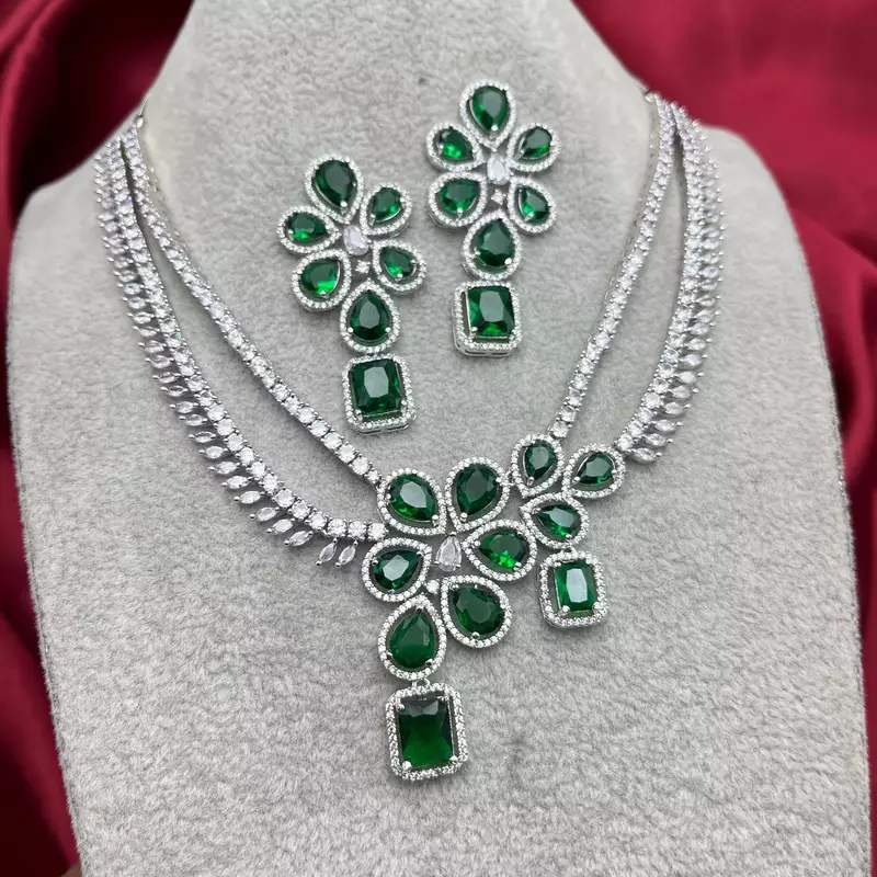 emerald green bridal necklace set silver cubic zirconia choker wedding statement jewelry