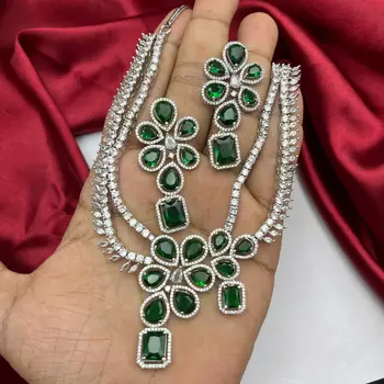 emerald green bridal necklace set silver cubic zirconia choker wedding statement jewelry 4
