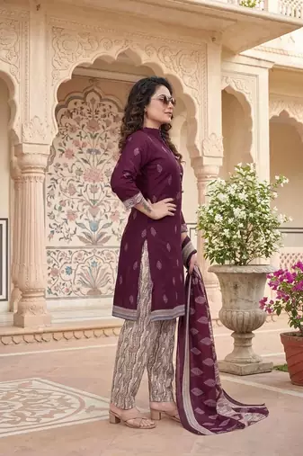 Purple printed cotton blend stitched geometric print salwar kurta dupatta for women