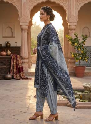 Blue printed cotton blend stitched geometric print salwar kurta dupatta for women 2