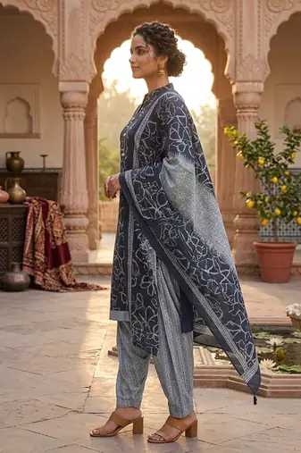 Blue printed cotton blend stitched geometric print salwar kurta dupatta for women