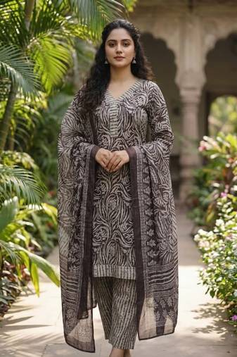Purple printed cotton blend stitched geometric print salwar kurta dupatta for women