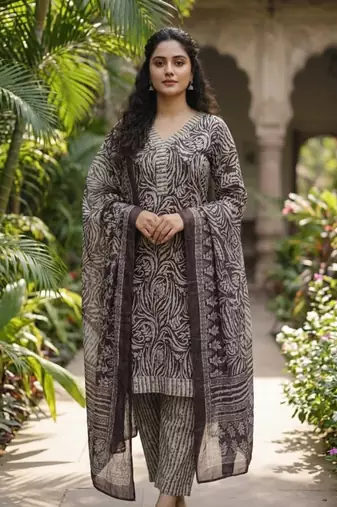 Purple printed cotton blend stitched geometric print salwar kurta dupatta for women