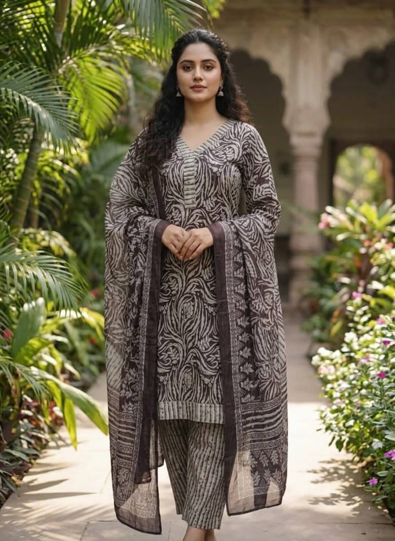 Purple printed cotton blend stitched geometric print salwar kurta dupatta for women
