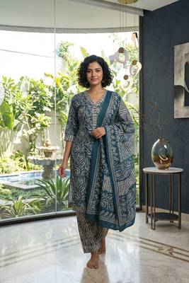 Blue printed cotton blend stitched geometric print salwar kurta dupatta for women 1