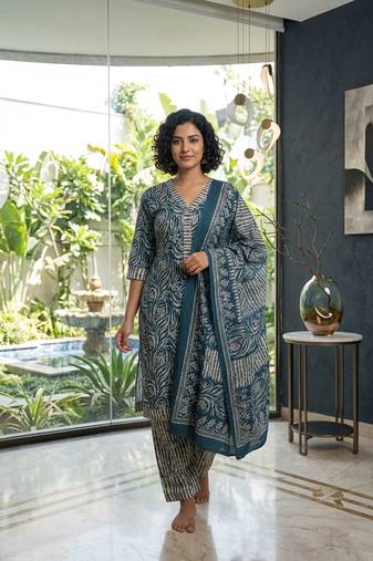 Blue printed cotton blend stitched geometric print salwar kurta dupatta for women