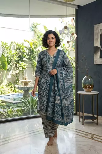 Blue printed cotton blend stitched geometric print salwar kurta dupatta for women