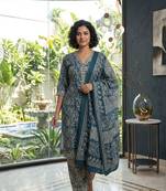 Blue printed cotton blend stitched geometric print salwar kurta dupatta for women