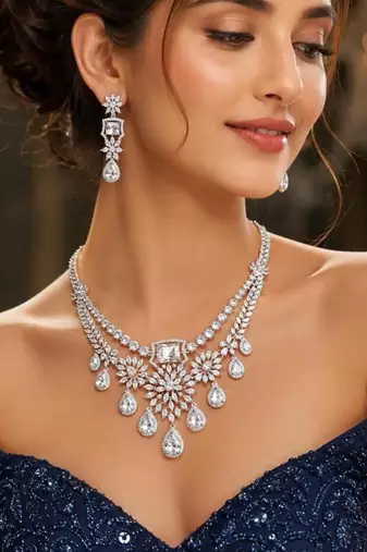 crystal bridal necklace earrings set cz rhinestone choker floral teardrop design