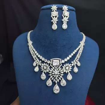 crystal bridal necklace earrings set cz rhinestone choker floral teardrop design 2