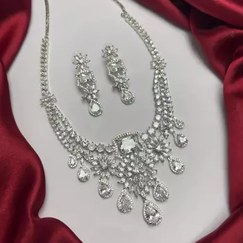 crystal bridal necklace earrings set cz rhinestone choker floral teardrop design 3
