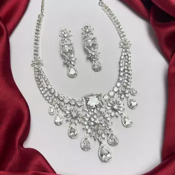 crystal bridal necklace earrings set cz rhinestone choker floral teardrop design 4