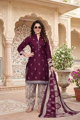 Purple printed cotton blend stitched geometric print salwar kurta dupatta for women 4