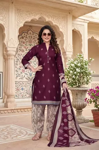 Purple printed cotton blend stitched geometric print salwar kurta dupatta for women