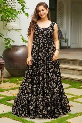 Black georgette floral printed fully flared anarkali gown for women