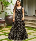Black georgette floral printed fully flared anarkali gown for women