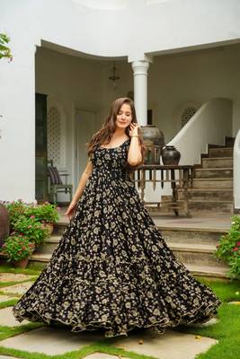Black georgette floral printed fully flared anarkali gown for women 2