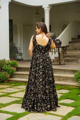 Black georgette floral printed fully flared anarkali gown for women 3