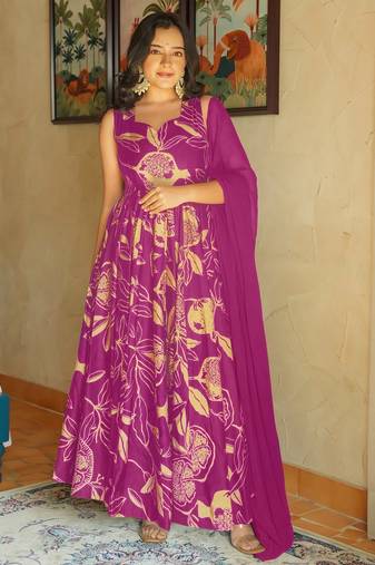 Purple rayon floral printed fully flared anarkali gown for women