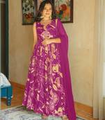 Purple rayon floral printed fully flared anarkali gown for women