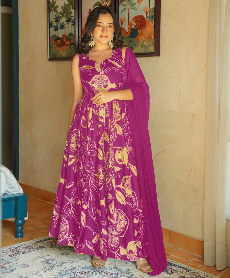 Purple rayon floral printed fully flared anarkali gown for women