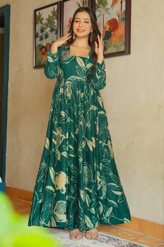 Green rayon floral printed fully flared anarkali gown for women