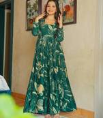 Green rayon floral printed fully flared anarkali gown for women