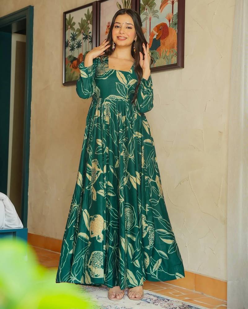 Green rayon floral printed fully flared anarkali gown for women
