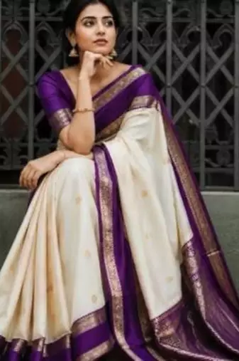 banarasi silk blend off white woven saree with blouse