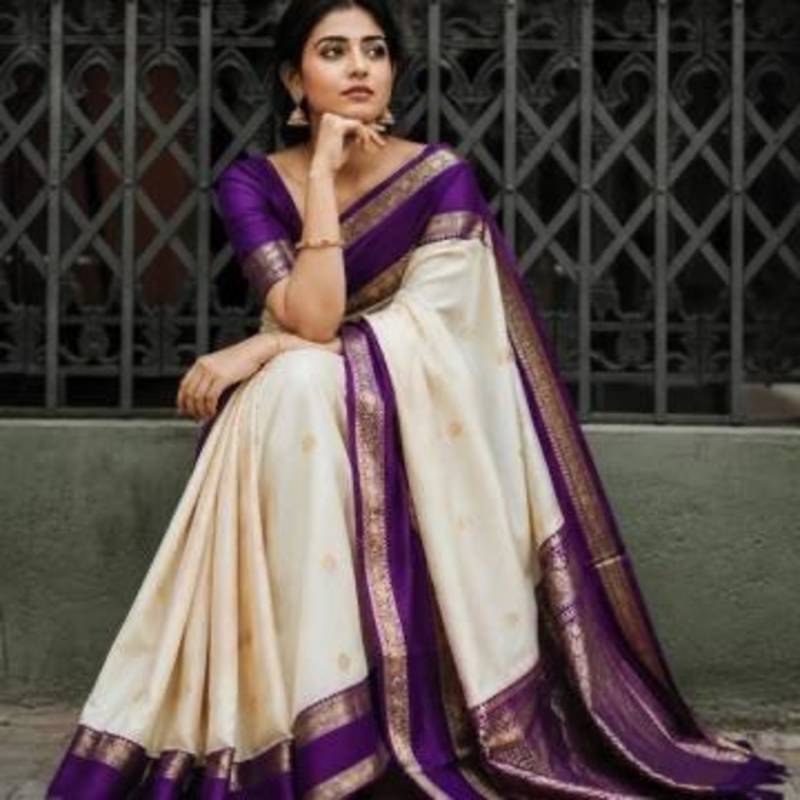 banarasi silk blend off white woven saree with blouse