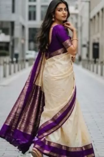 banarasi silk blend off white woven saree with blouse