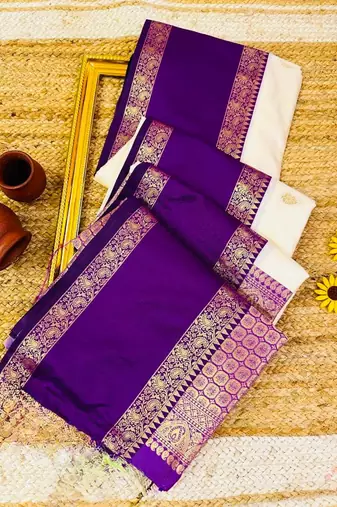 banarasi silk blend off white woven saree with blouse