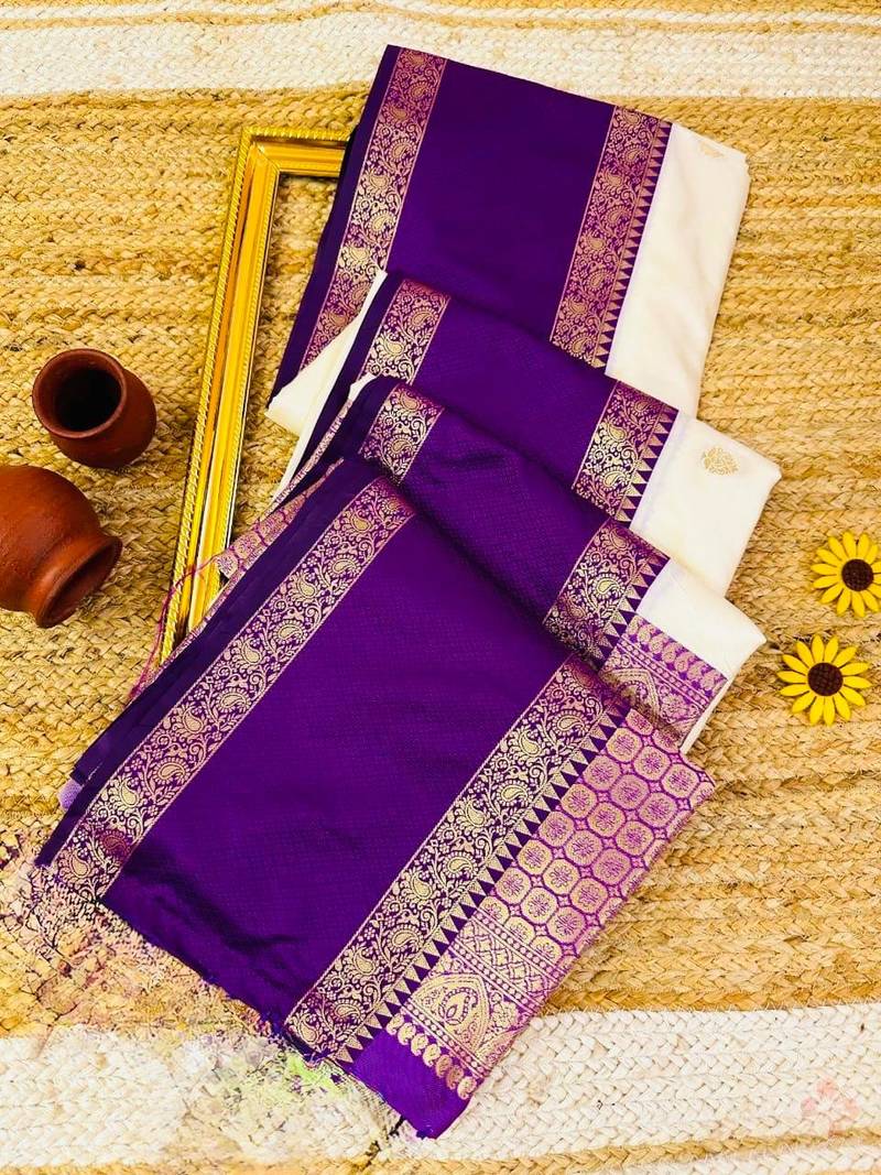 banarasi silk blend off white woven saree with blouse