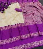 banarasi silk blend off white woven saree with blouse