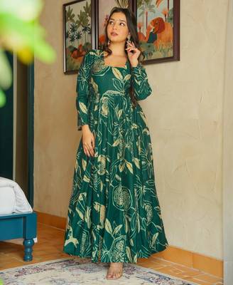 Green rayon floral printed fully flared anarkali gown for women 3