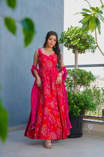 Red rayon floral printed fully flared anarkali gown for women