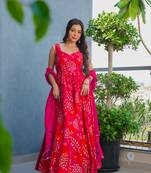 Red rayon floral printed fully flared anarkali gown for women