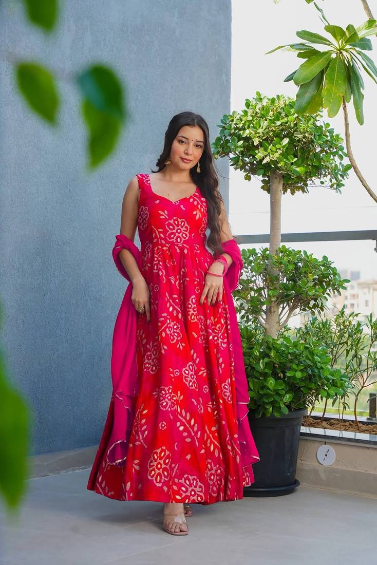Red rayon floral printed fully flared anarkali gown for women