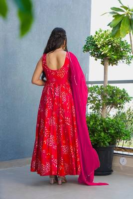 Red rayon floral printed fully flared anarkali gown for women 2