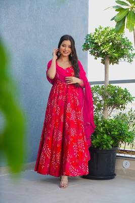 Red rayon floral printed fully flared anarkali gown for women 3