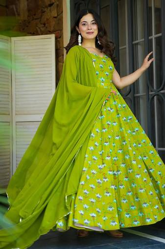 Green rayon floral printed fully flared anarkali gown for women