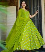 Green rayon floral printed fully flared anarkali gown for women