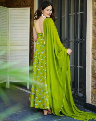 Green rayon floral printed fully flared anarkali gown for women 2